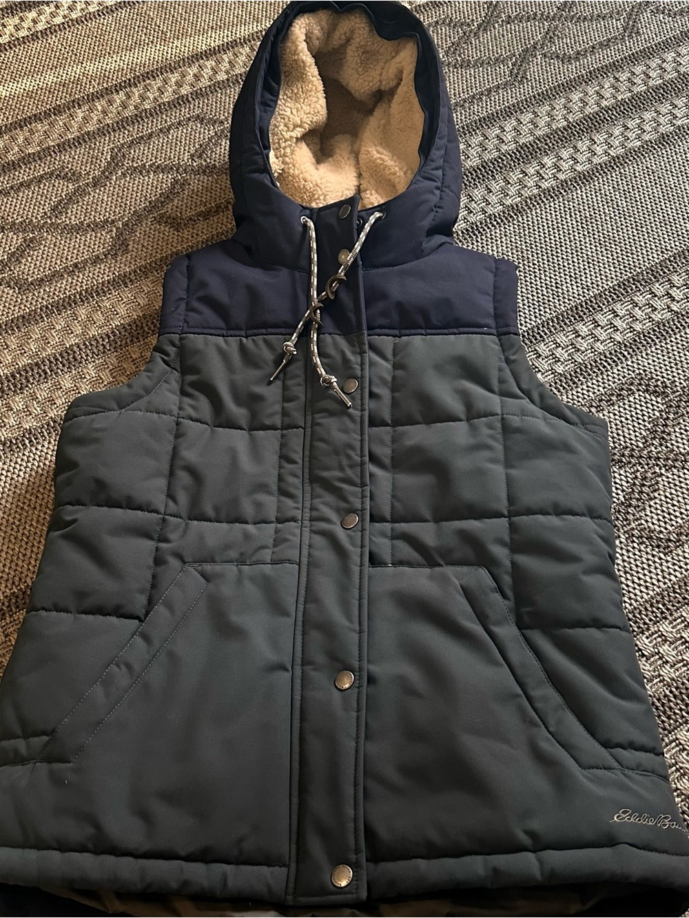 Eddie Bauer Navy Hooded Vest with Dark Gray Body